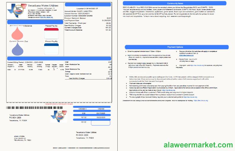 USA Texarkana water utilities utility bill template in Word and PDF formats, 2 pages